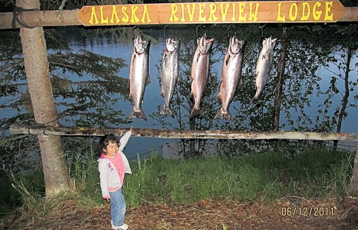 A young girl points up at five large fish hanging from a wooden Alaska Salmon Fishing Packages sign over a river.
